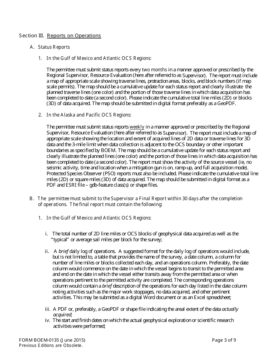 Form BOEM-0135 Permit for Geophysical Prospecting for Mineral Resources or Scientific Research on the Outer Continental Shelf Related to Minerals Other Than Oil, Gas, and Sulphur, Page 3