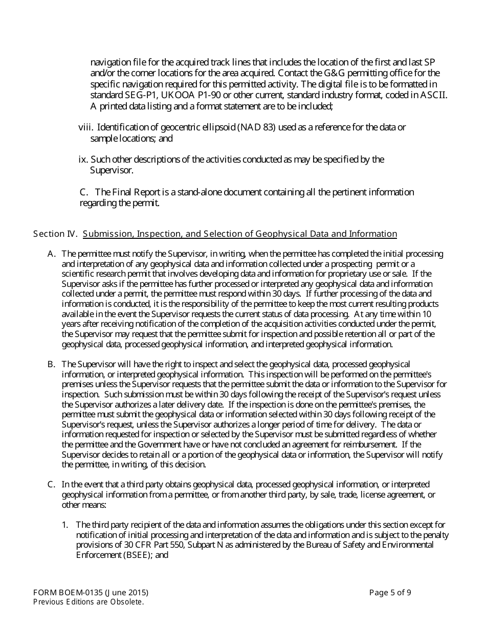 Form BOEM-0135 Permit for Geophysical Prospecting for Mineral Resources or Scientific Research on the Outer Continental Shelf Related to Minerals Other Than Oil, Gas, and Sulphur, Page 5