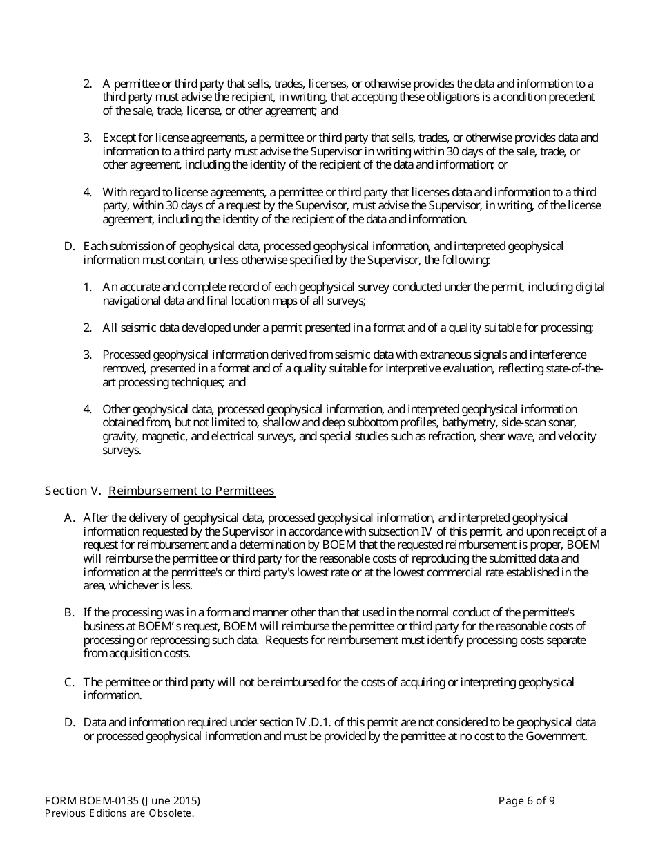 Form BOEM-0135 Permit for Geophysical Prospecting for Mineral Resources or Scientific Research on the Outer Continental Shelf Related to Minerals Other Than Oil, Gas, and Sulphur, Page 6