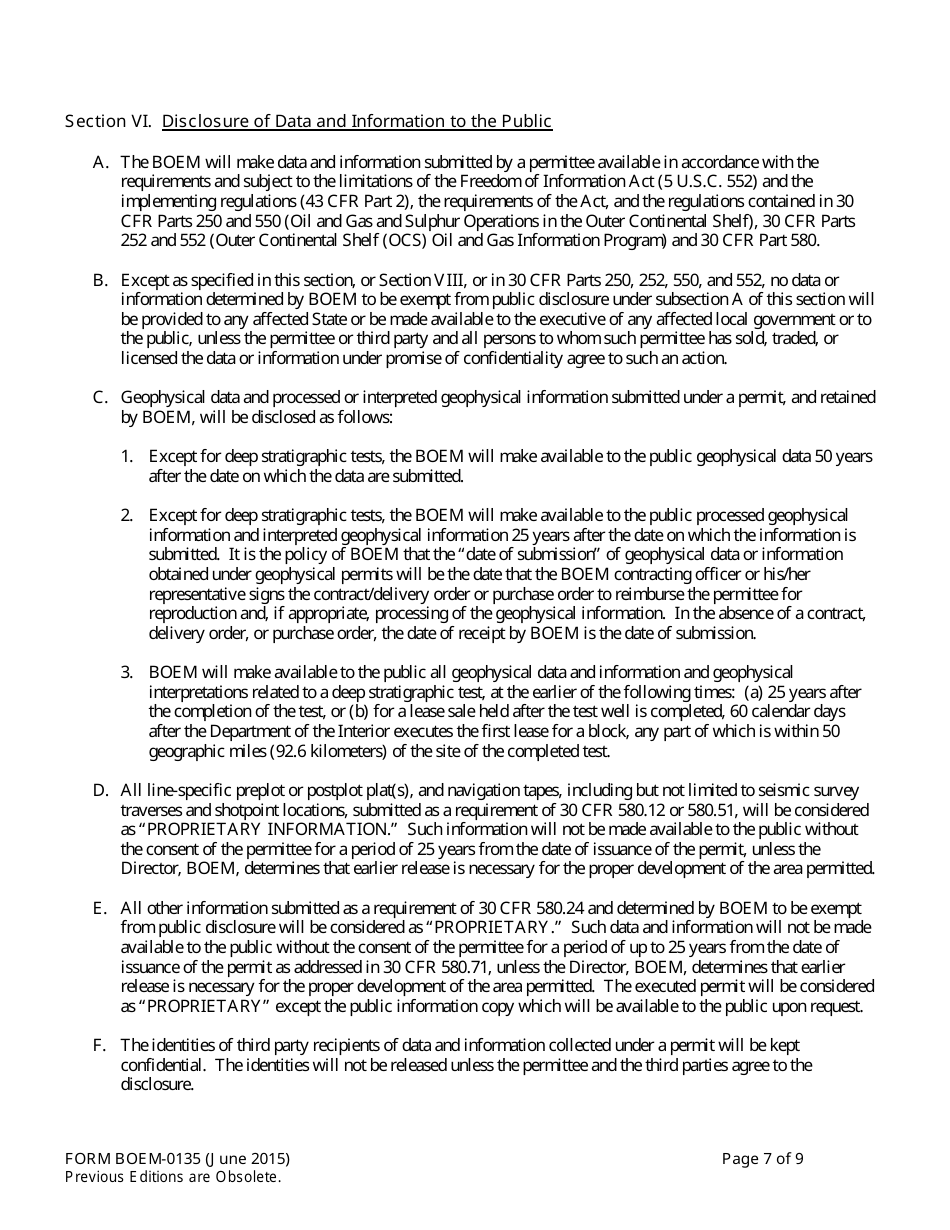 Form BOEM-0135 Permit for Geophysical Prospecting for Mineral Resources or Scientific Research on the Outer Continental Shelf Related to Minerals Other Than Oil, Gas, and Sulphur, Page 7
