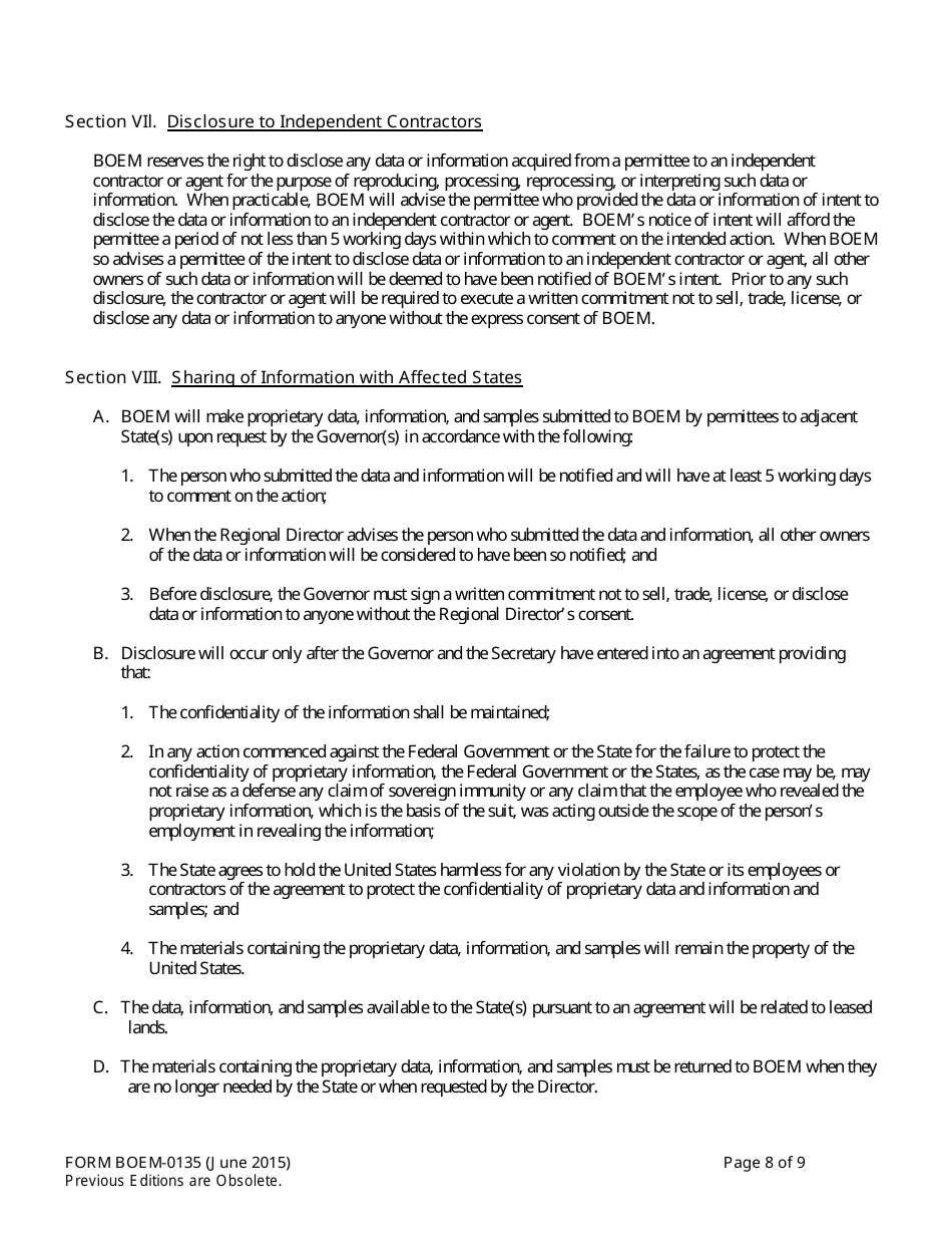 Form BOEM-0135 Permit for Geophysical Prospecting for Mineral Resources or Scientific Research on the Outer Continental Shelf Related to Minerals Other Than Oil, Gas, and Sulphur, Page 8