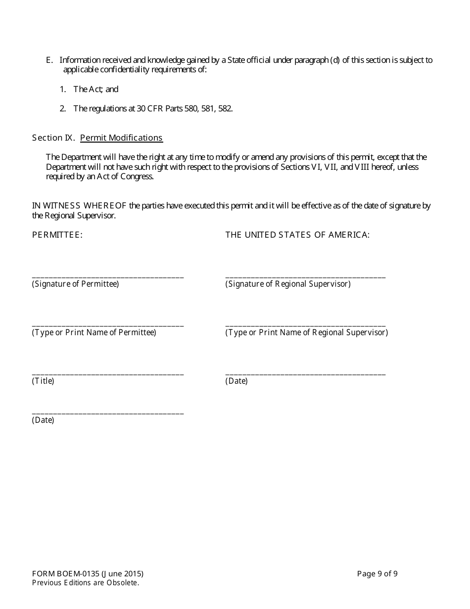 Form BOEM-0135 Permit for Geophysical Prospecting for Mineral Resources or Scientific Research on the Outer Continental Shelf Related to Minerals Other Than Oil, Gas, and Sulphur, Page 9