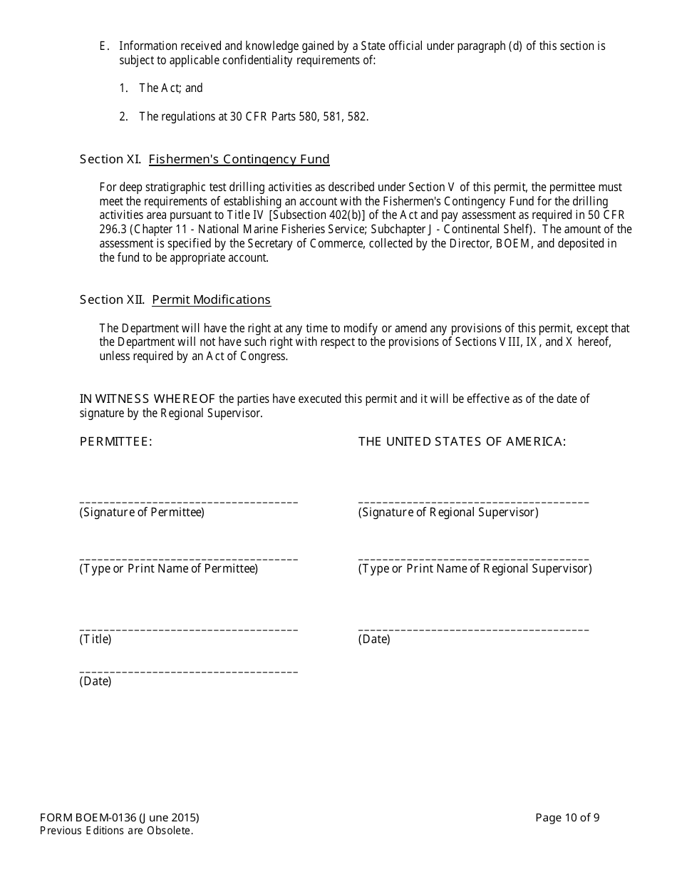 Form BOEM-0136 Permit for Geological Prospecting for Mineral Resources or Scientific Research on the Outer Continental Shelf Related to Minerals Other Than Oil, Gas, and Sulphur, Page 10