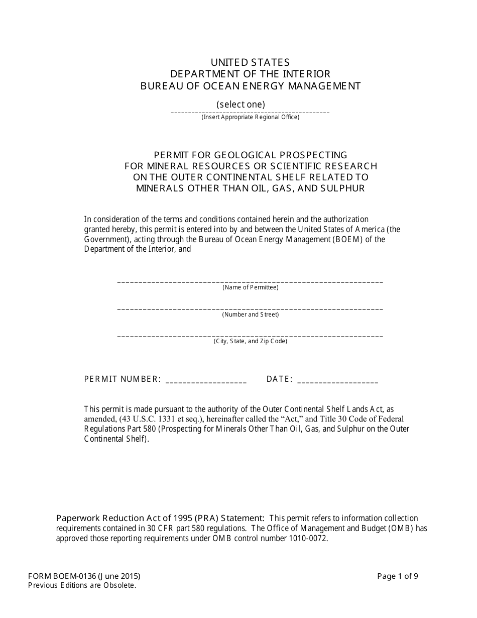 Form BOEM-0136 Permit for Geological Prospecting for Mineral Resources or Scientific Research on the Outer Continental Shelf Related to Minerals Other Than Oil, Gas, and Sulphur, Page 1