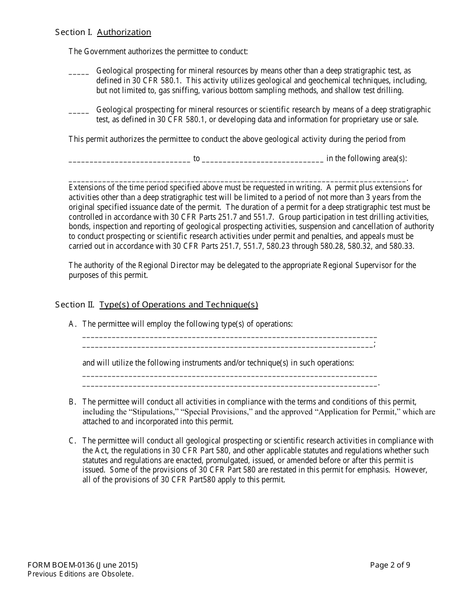 Form BOEM-0136 Permit for Geological Prospecting for Mineral Resources or Scientific Research on the Outer Continental Shelf Related to Minerals Other Than Oil, Gas, and Sulphur, Page 2