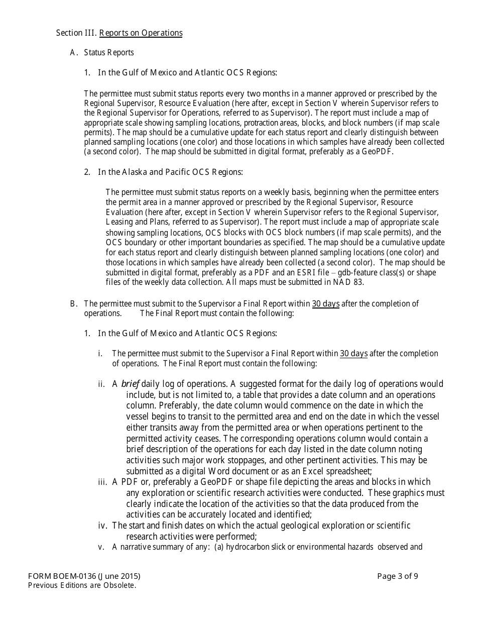 Form BOEM-0136 Permit for Geological Prospecting for Mineral Resources or Scientific Research on the Outer Continental Shelf Related to Minerals Other Than Oil, Gas, and Sulphur, Page 3
