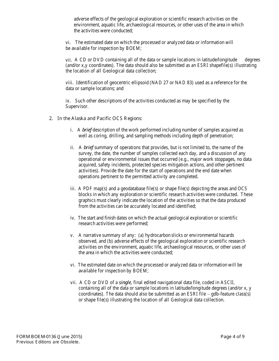 Form BOEM-0136 Permit for Geological Prospecting for Mineral Resources or Scientific Research on the Outer Continental Shelf Related to Minerals Other Than Oil, Gas, and Sulphur, Page 4