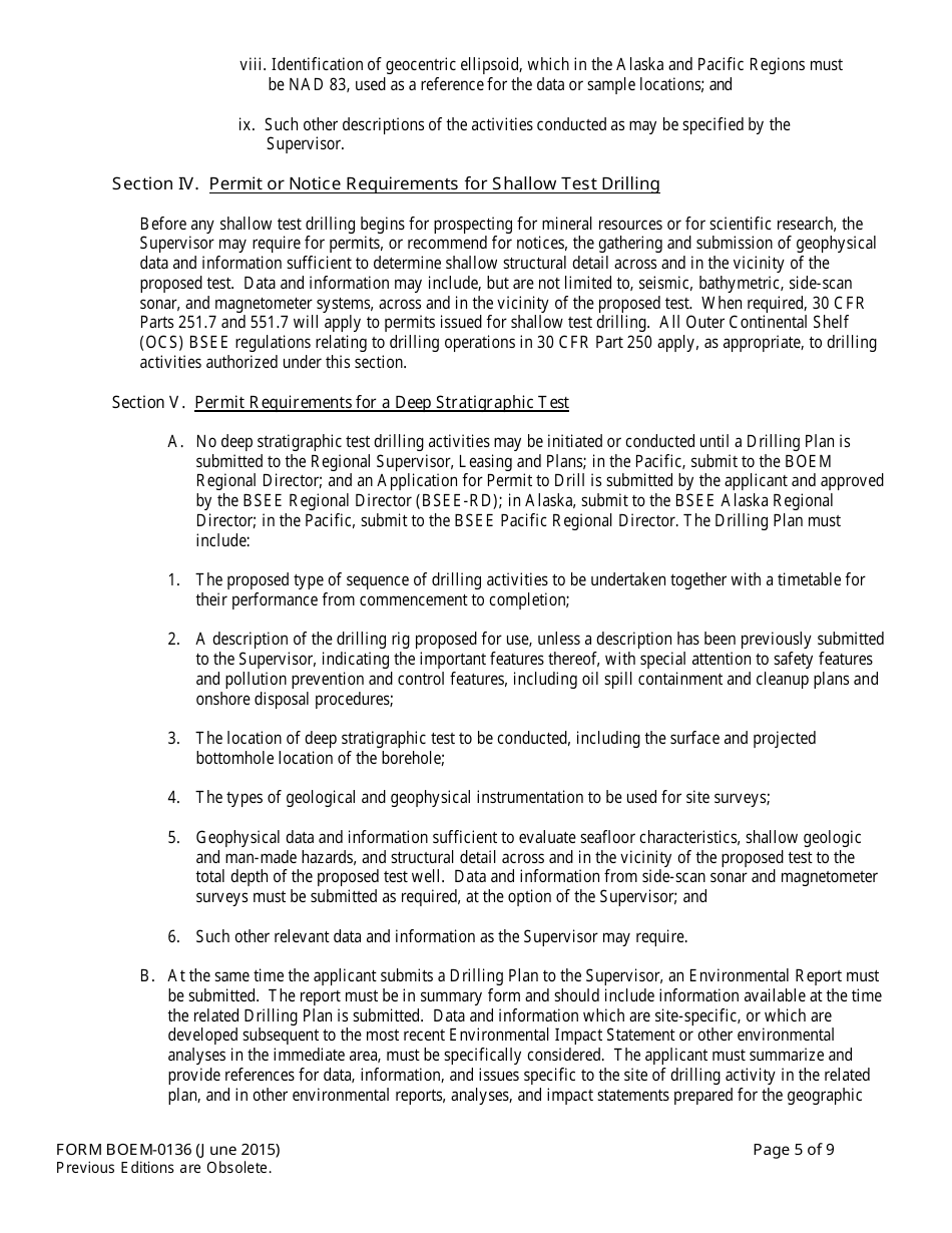 Form BOEM-0136 Permit for Geological Prospecting for Mineral Resources or Scientific Research on the Outer Continental Shelf Related to Minerals Other Than Oil, Gas, and Sulphur, Page 5