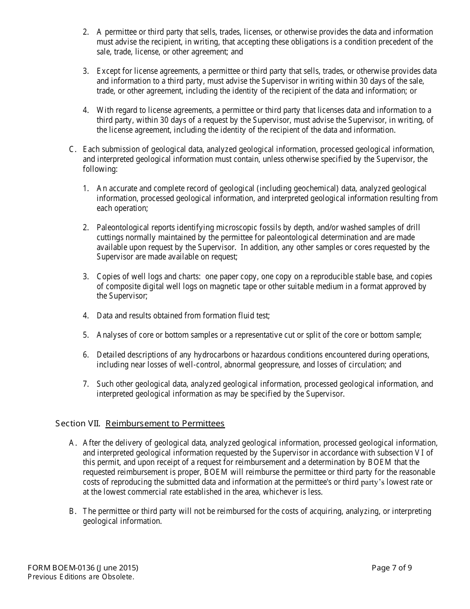 Form BOEM-0136 Permit for Geological Prospecting for Mineral Resources or Scientific Research on the Outer Continental Shelf Related to Minerals Other Than Oil, Gas, and Sulphur, Page 7