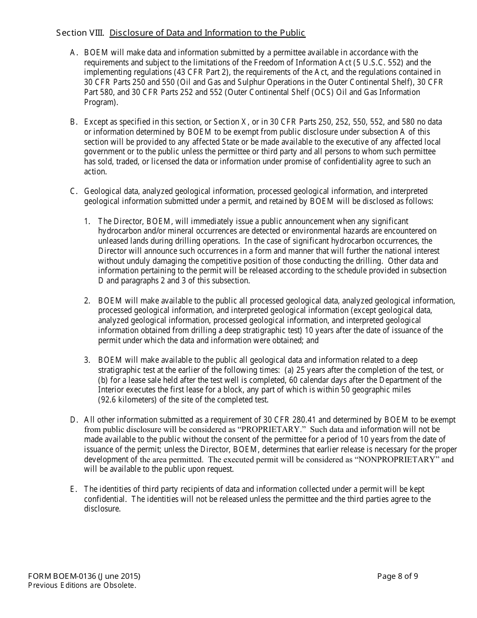 Form BOEM-0136 Permit for Geological Prospecting for Mineral Resources or Scientific Research on the Outer Continental Shelf Related to Minerals Other Than Oil, Gas, and Sulphur, Page 8