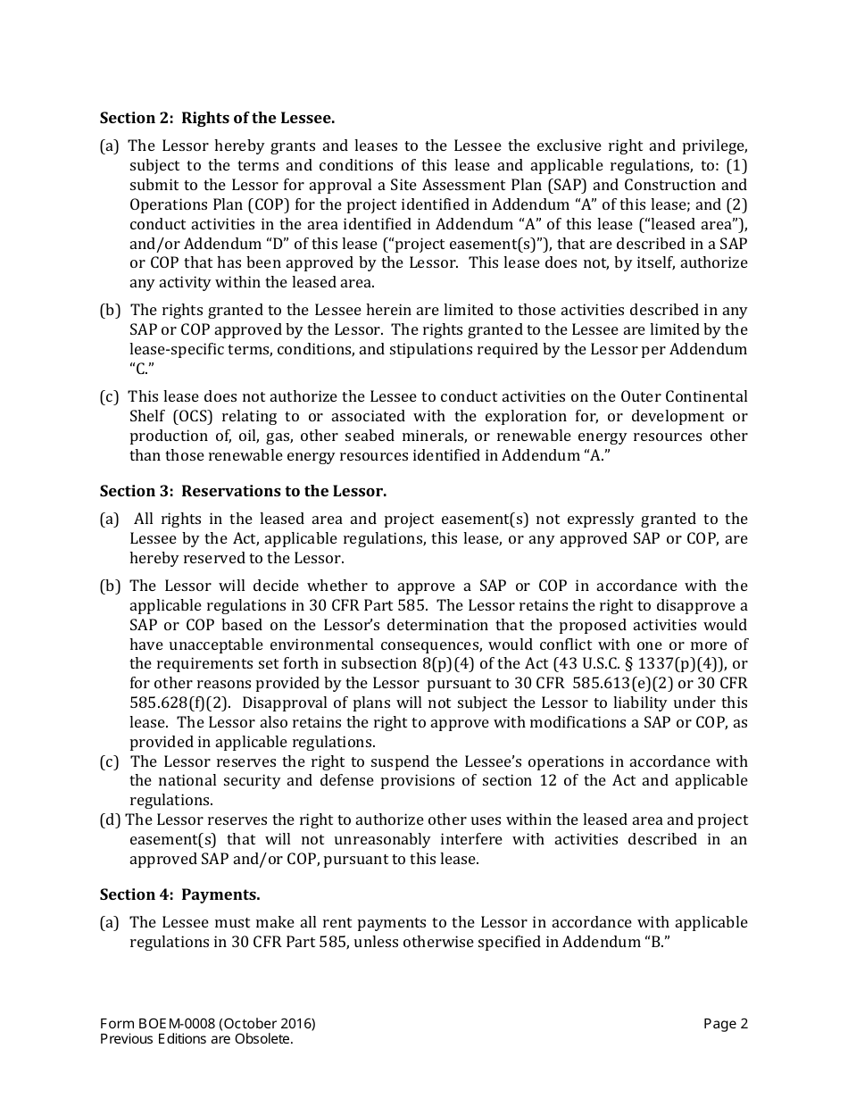 Form BOEM-0008 Commercial Lease of Submerged Lands for Renewable Energy Development on the Outer Continental Shelf, Page 2