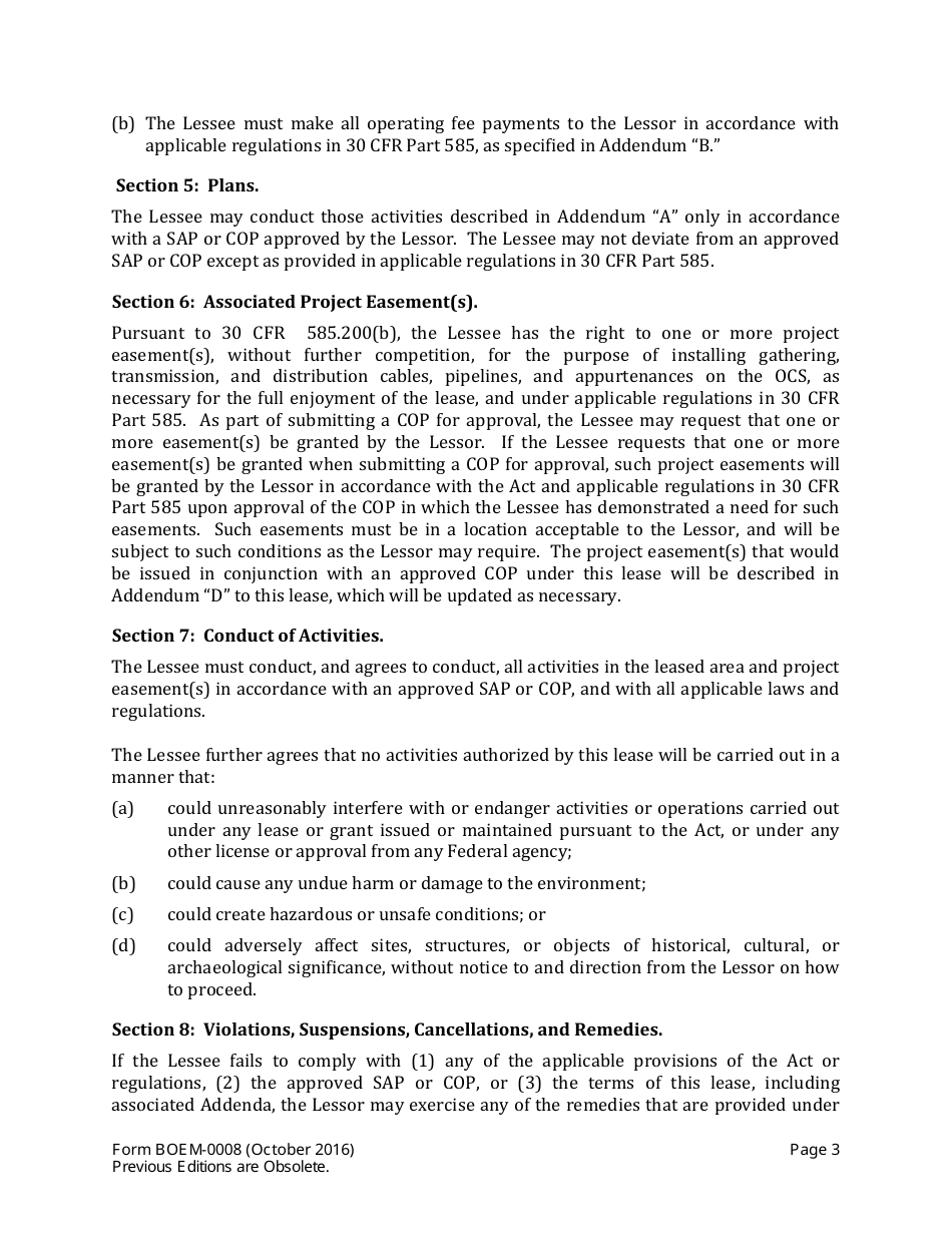Form BOEM-0008 Commercial Lease of Submerged Lands for Renewable Energy Development on the Outer Continental Shelf, Page 3