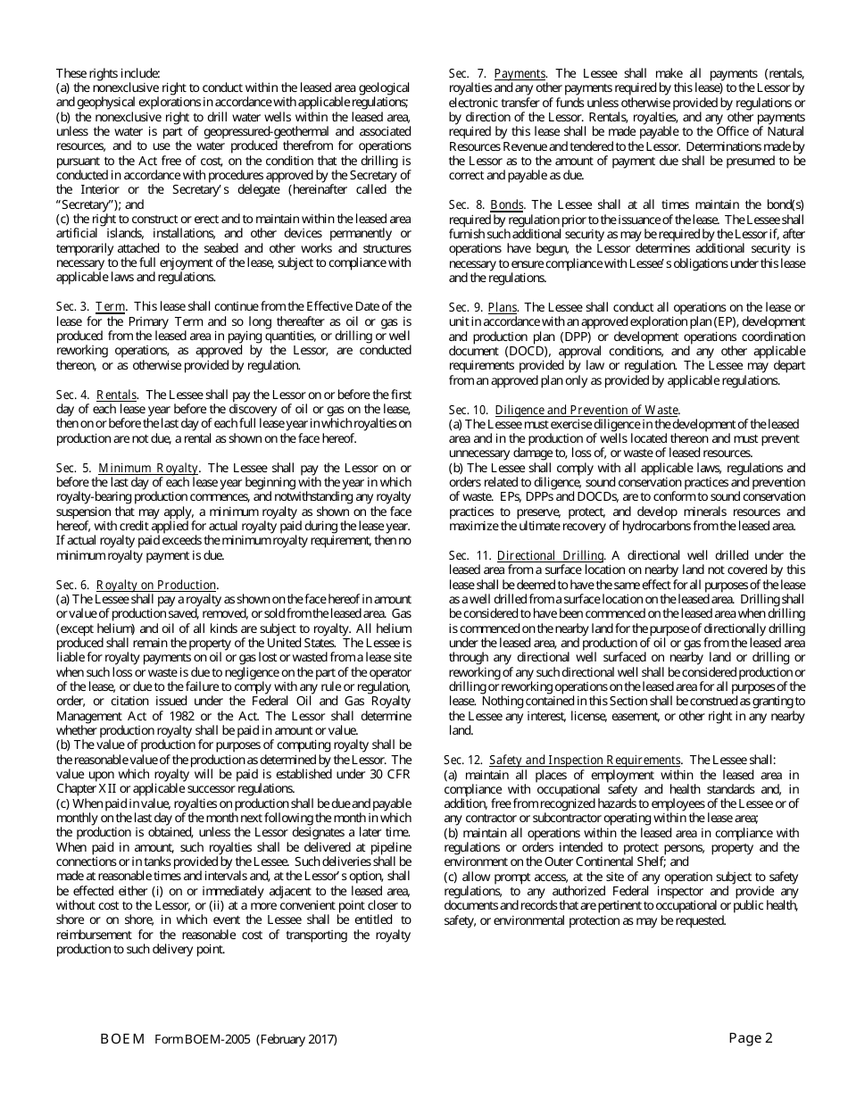 Form BOEM-2005 Oil and Gas Lease of Submerged Lands Under the Outer Continental Shelf Lands Act, Page 2