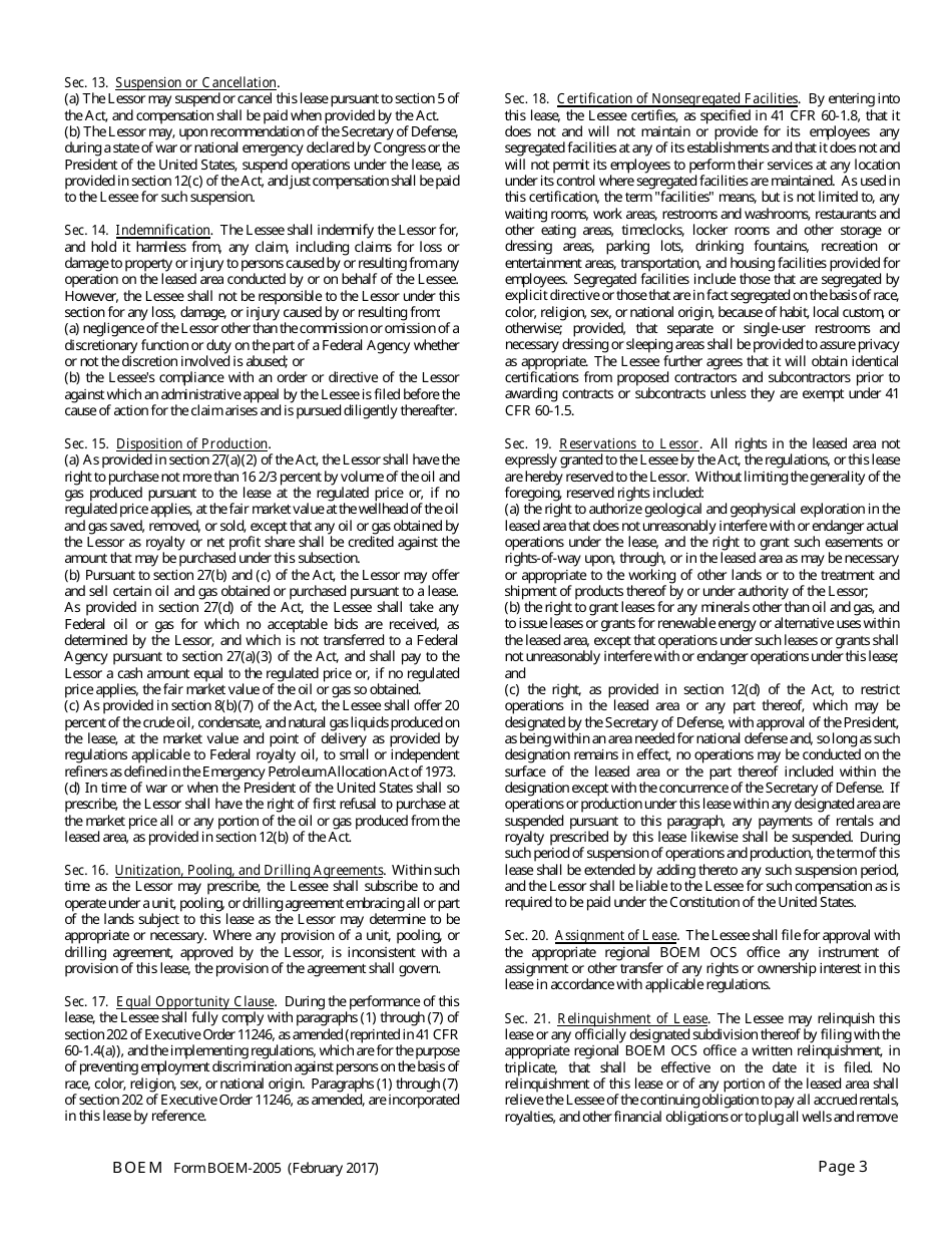 Form BOEM-2005 Oil and Gas Lease of Submerged Lands Under the Outer Continental Shelf Lands Act, Page 3