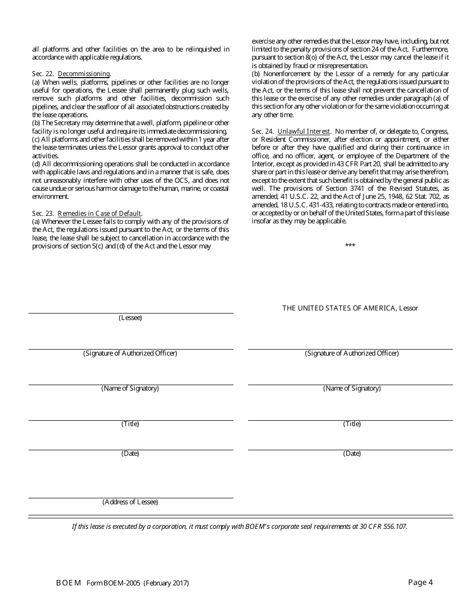 Form BOEM-2005 Oil and Gas Lease of Submerged Lands Under the Outer Continental Shelf Lands Act, Page 4