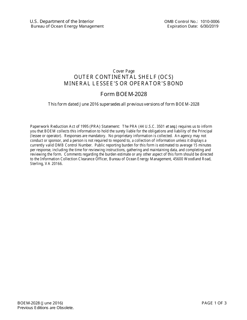 Form BOEM-2028 Outer Continental Shelf (Ocs) Mineral Lessees or Operators Bond, Page 1