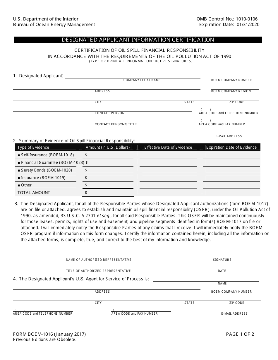 Form BOEM-1016 Designated Applicant Information Certification, Page 1