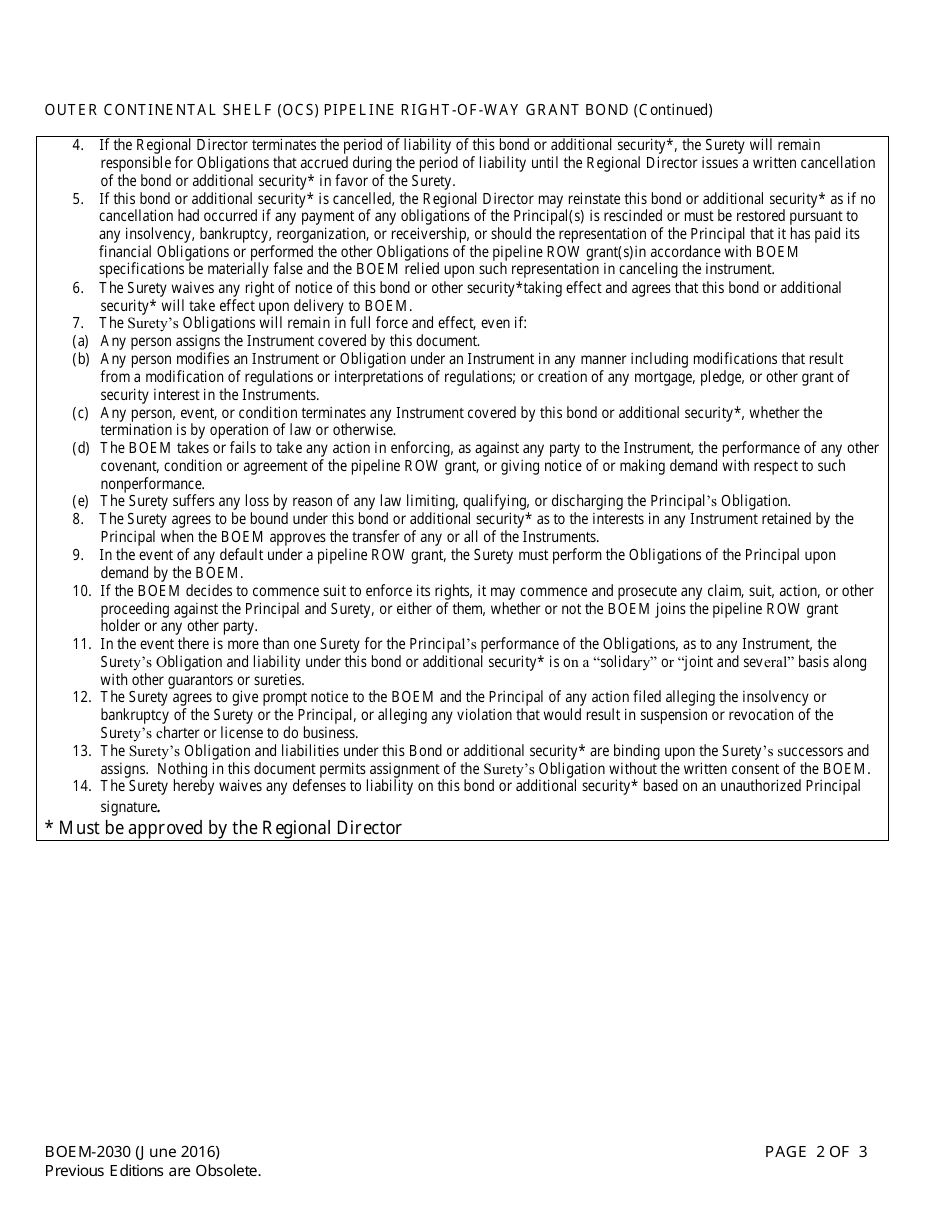 Form BOEM-2030 Outer Continental Shelf (Ocs) Pipeline Right-Of-Way Grant Bond, Page 2