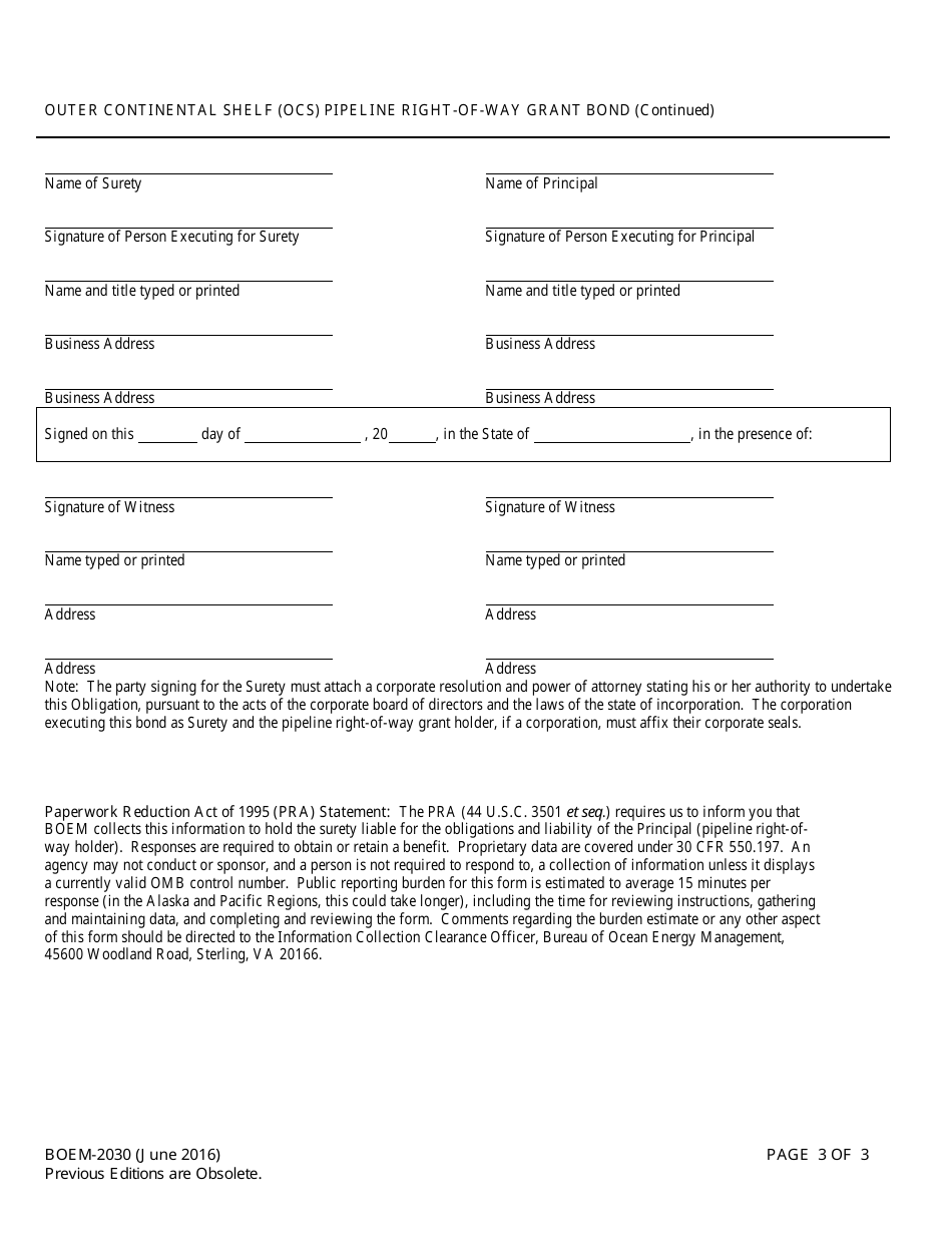 Form BOEM-2030 Outer Continental Shelf (Ocs) Pipeline Right-Of-Way Grant Bond, Page 3