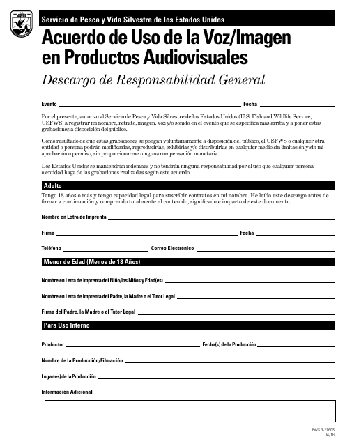 FWS Formulario 3-2260S Acuerdo De Uso De La Voz/Imagen En Productos Audiovisuales - Descargo De Responsabilidad General (Spanish)