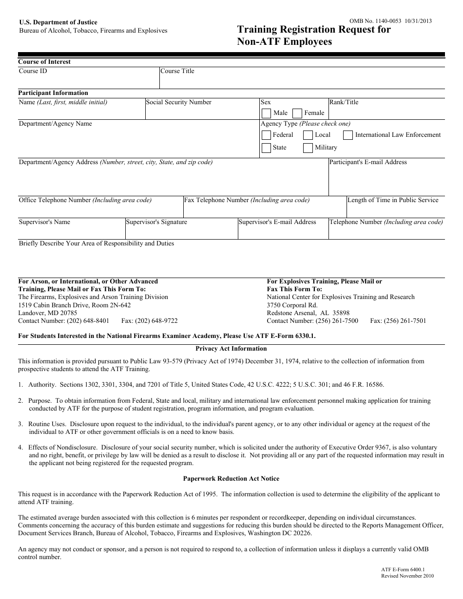 ATF Form 6400.1 Training Registration Request for Non-ATF Employees, Page 1