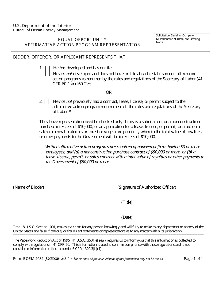 Form BOEM-2032 Equal Opportunity Affirmative Action Program Representation, Page 1