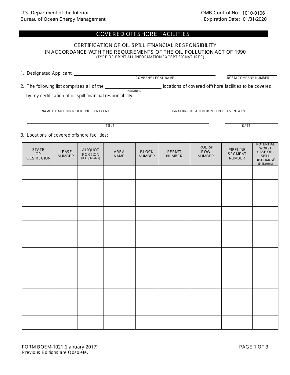 Form BOEM-1021 Covered Offshore Facilities, Page 1