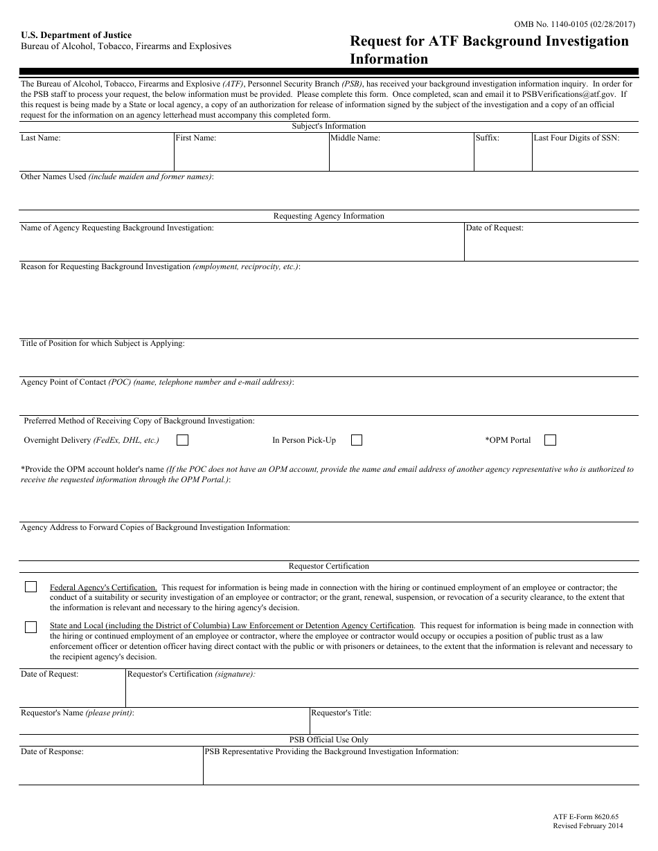 ATF Form 8620.65 Request for ATF Background Investigation Information, Page 1