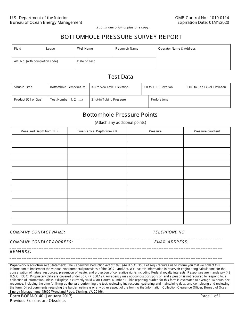 Form BOEM-0140 Bottomhole Pressure Survey Report, Page 1