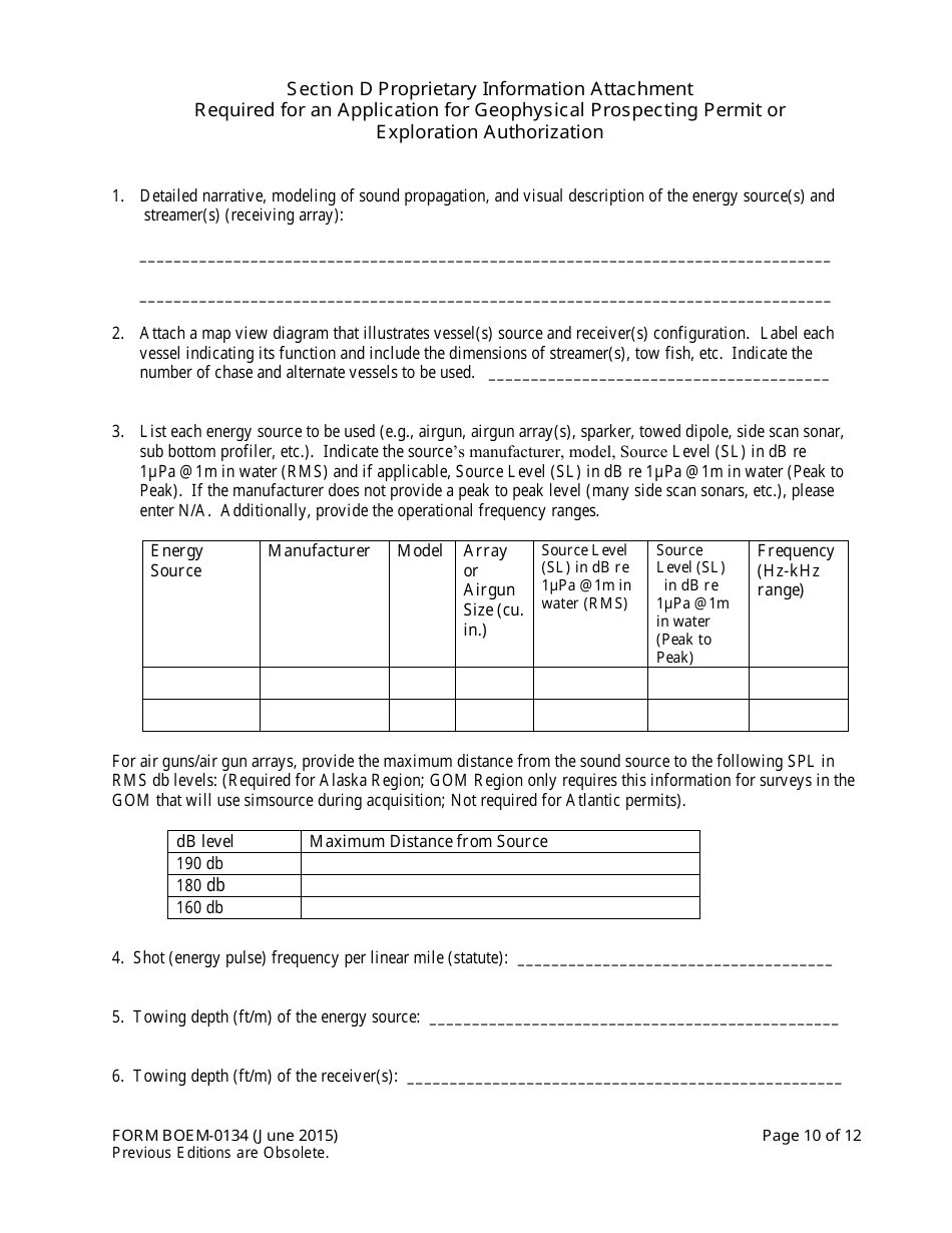 Form BOEM-0134 Application for Permit or Authorization to Conduct Geological or Geophysical Prospecting or Exploration for Mineral Resources or Notice of Scientific Research on the Outer Continental Shelf Related to Minerals Other Than Oil, Gas, and Sulphur, Page 10