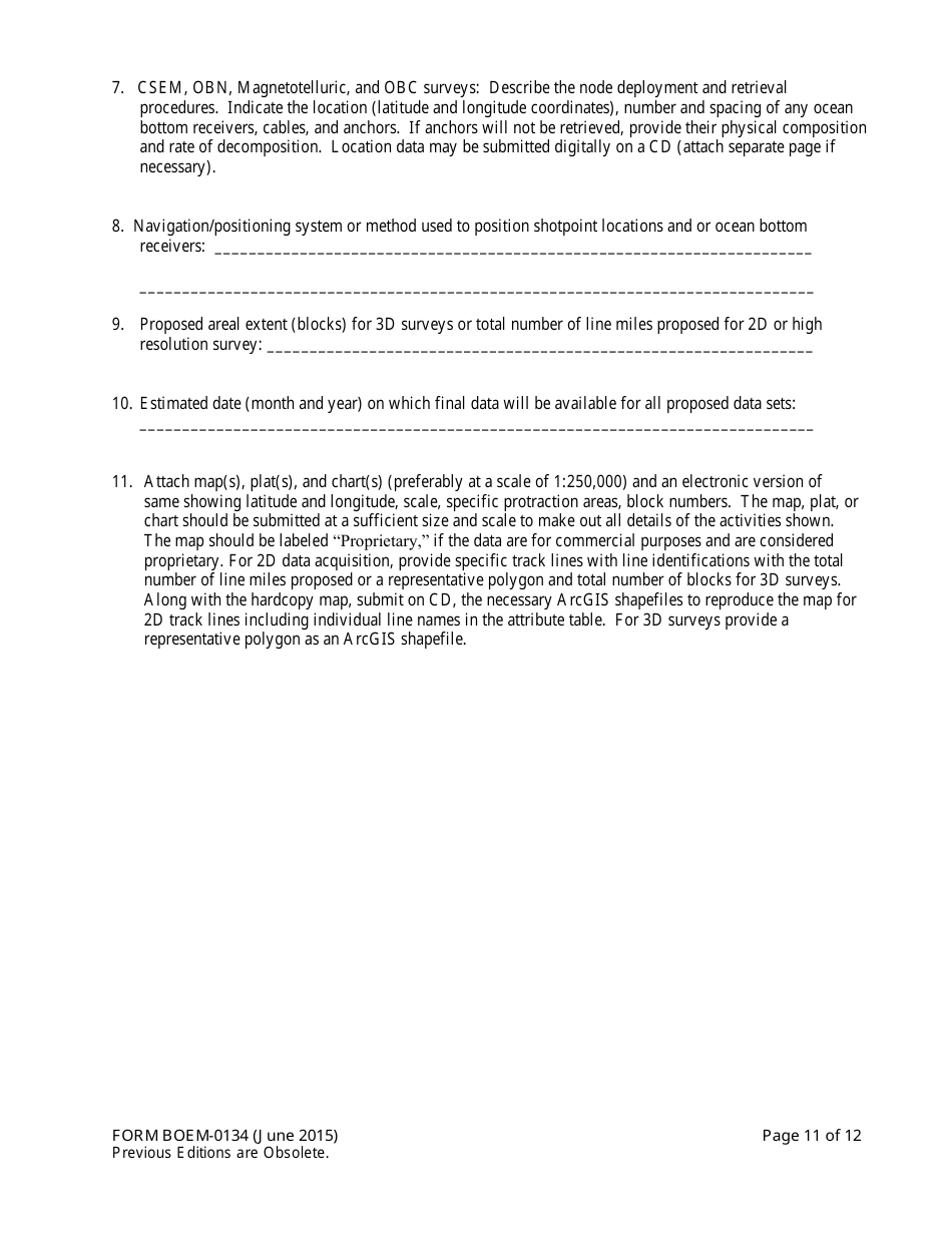 Form BOEM-0134 Application for Permit or Authorization to Conduct Geological or Geophysical Prospecting or Exploration for Mineral Resources or Notice of Scientific Research on the Outer Continental Shelf Related to Minerals Other Than Oil, Gas, and Sulphur, Page 11