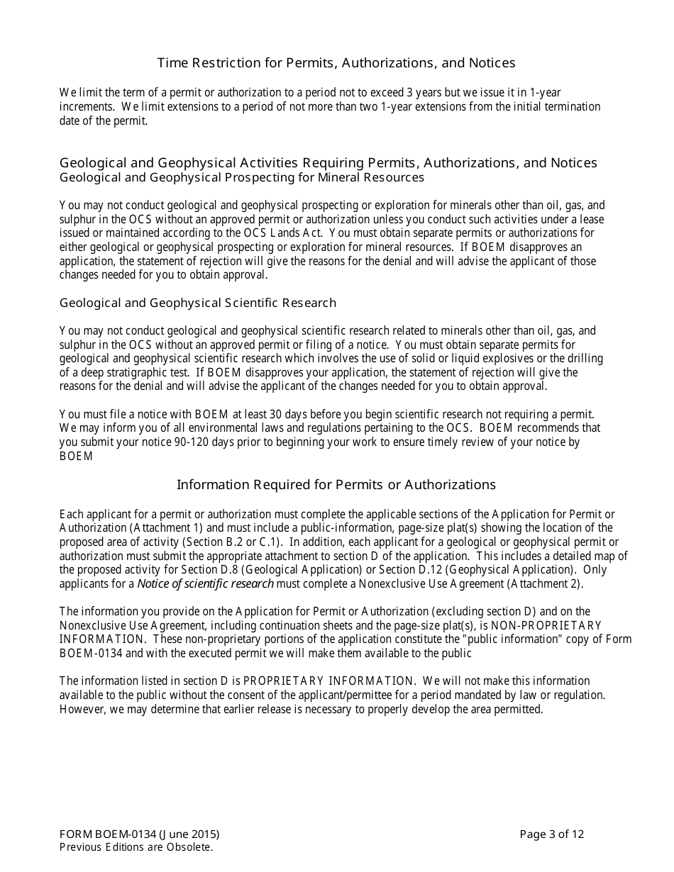 Form BOEM-0134 Application for Permit or Authorization to Conduct Geological or Geophysical Prospecting or Exploration for Mineral Resources or Notice of Scientific Research on the Outer Continental Shelf Related to Minerals Other Than Oil, Gas, and Sulphur, Page 3