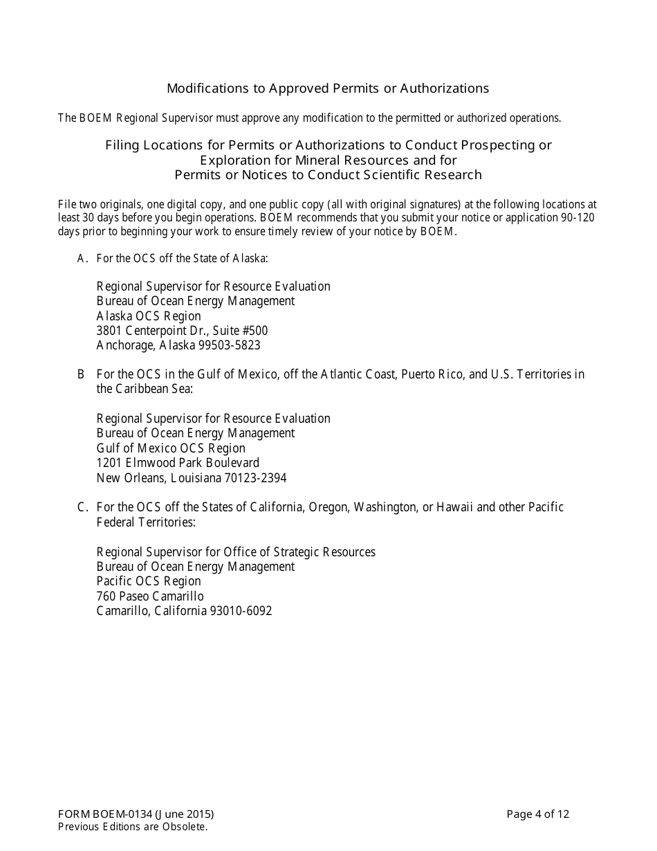 Form BOEM-0134 Application for Permit or Authorization to Conduct Geological or Geophysical Prospecting or Exploration for Mineral Resources or Notice of Scientific Research on the Outer Continental Shelf Related to Minerals Other Than Oil, Gas, and Sulphur, Page 4
