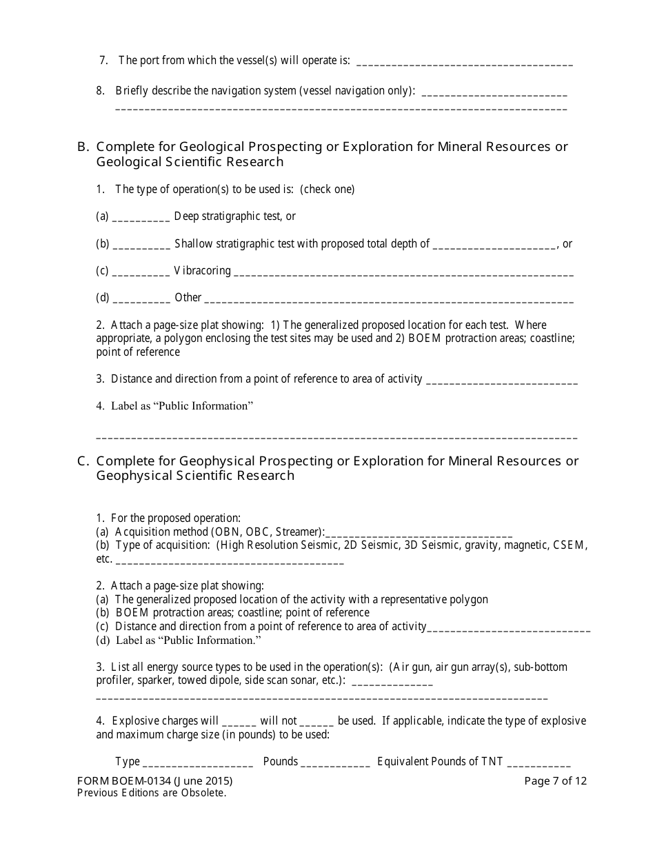Form BOEM-0134 Application for Permit or Authorization to Conduct Geological or Geophysical Prospecting or Exploration for Mineral Resources or Notice of Scientific Research on the Outer Continental Shelf Related to Minerals Other Than Oil, Gas, and Sulphur, Page 7