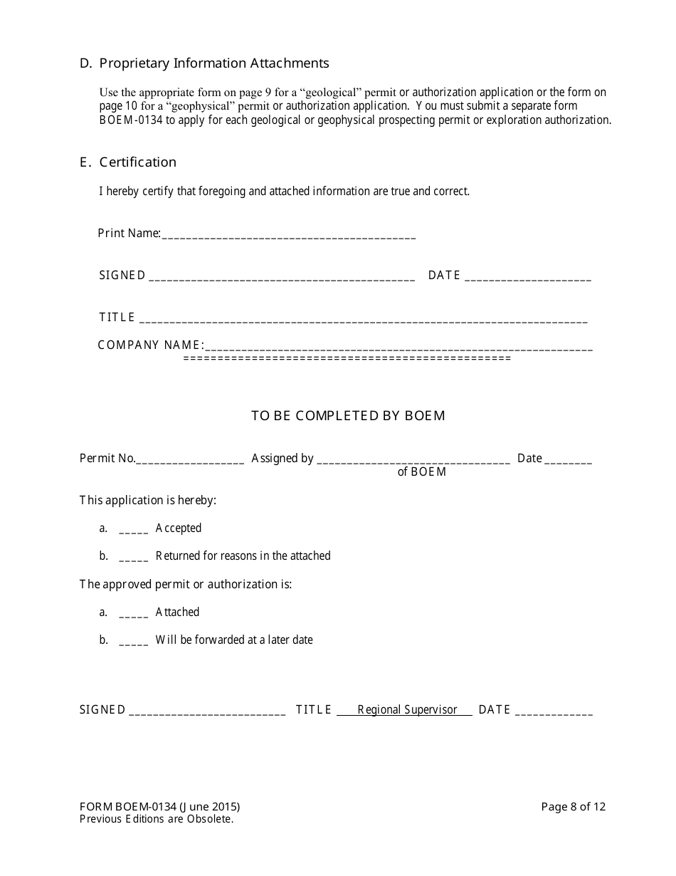 Form BOEM-0134 Application for Permit or Authorization to Conduct Geological or Geophysical Prospecting or Exploration for Mineral Resources or Notice of Scientific Research on the Outer Continental Shelf Related to Minerals Other Than Oil, Gas, and Sulphur, Page 8