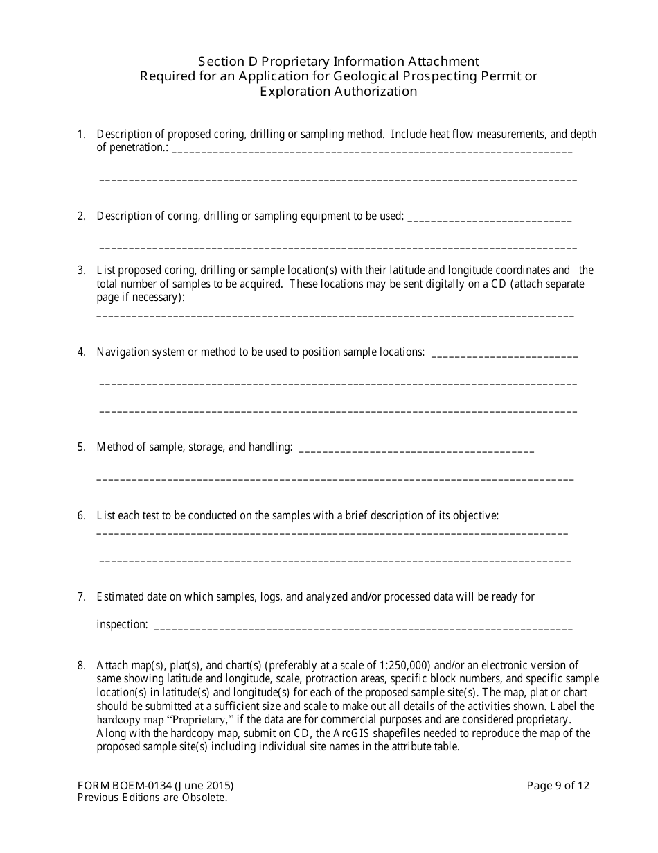 Form BOEM-0134 Application for Permit or Authorization to Conduct Geological or Geophysical Prospecting or Exploration for Mineral Resources or Notice of Scientific Research on the Outer Continental Shelf Related to Minerals Other Than Oil, Gas, and Sulphur, Page 9