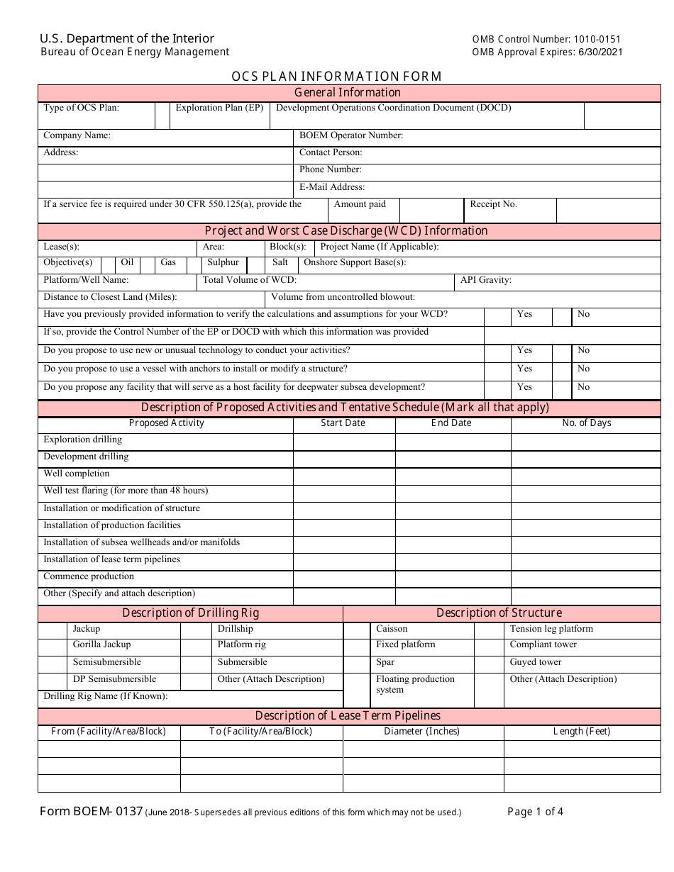 Form BOEM-0137 Ocs Plan Information Form, Page 1