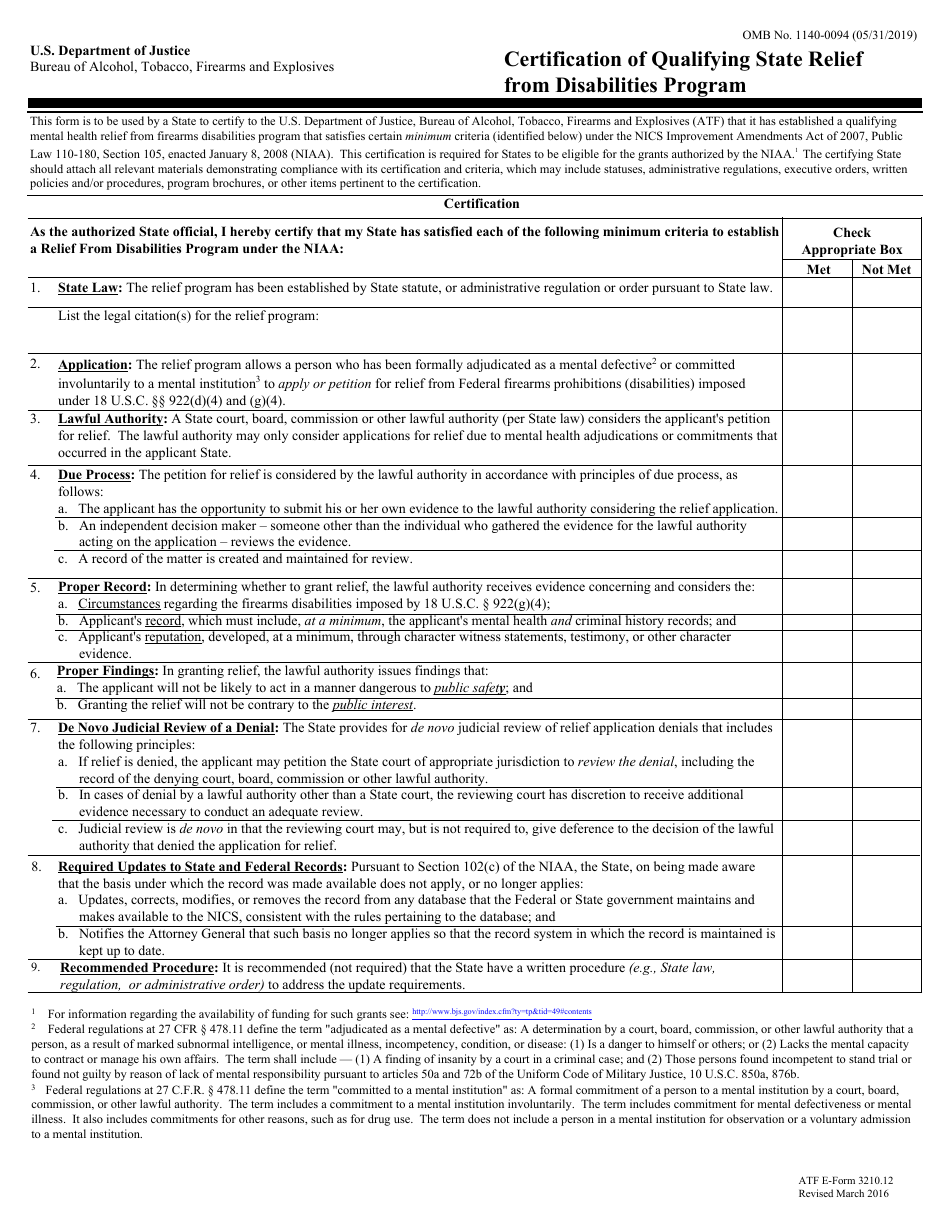 ATF Form 3210.12 Certification of Qualifying State Relief From Disabilities Program, Page 1