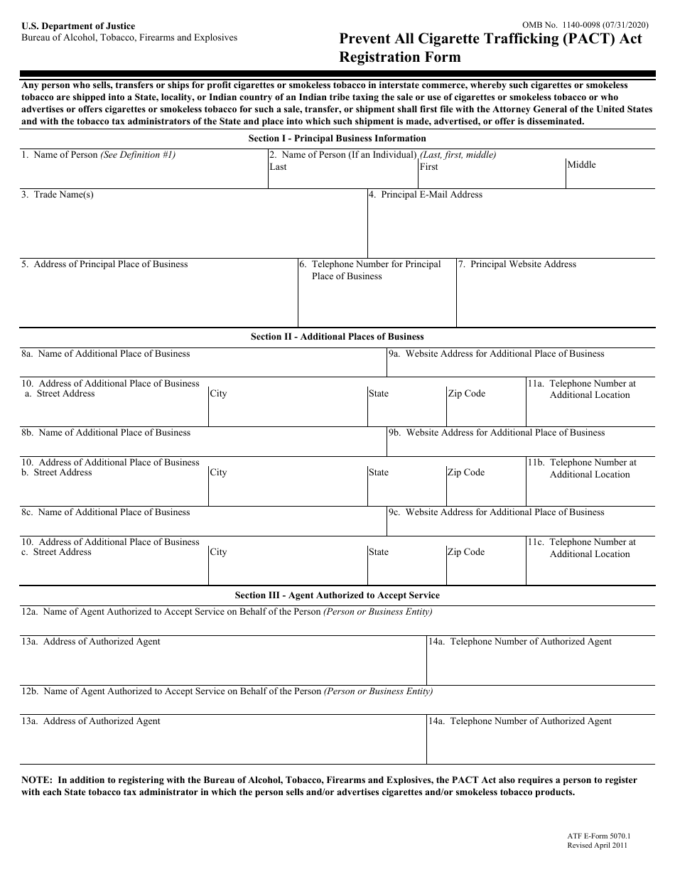 ATF Form 5070.1 Prevent All Cigarette Trafficking (Pact) Act Registration Form, Page 1