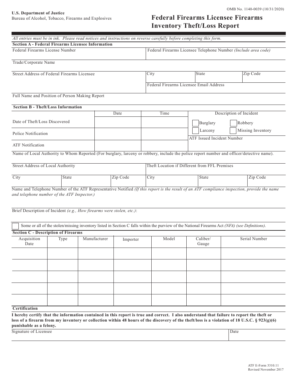ATF Form 3310.11 Federal Firearms Licensee Firearms Inventory Theft / Loss Report, Page 1