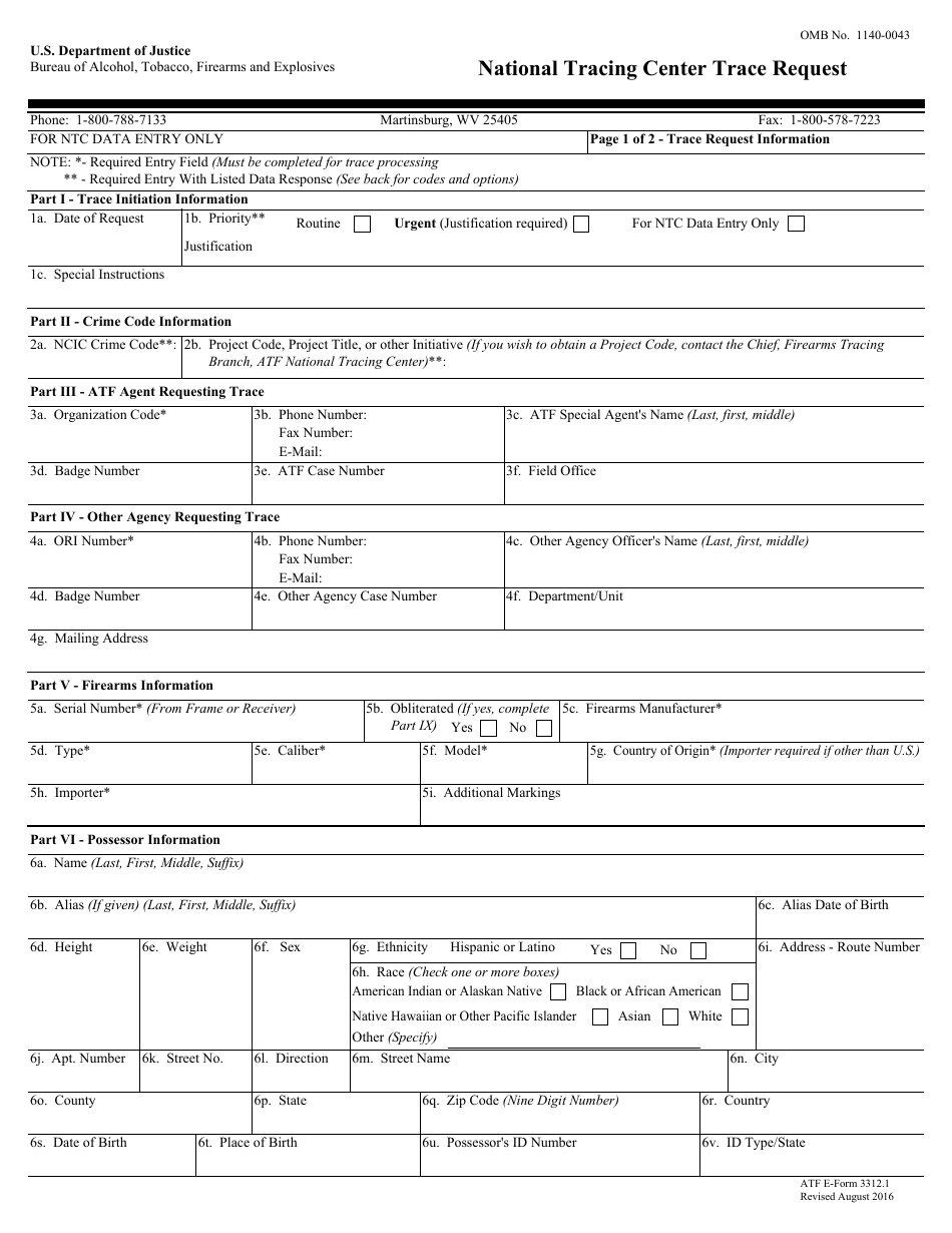 ATF Form 3312.1 National Tracing Center Trace Request, Page 1