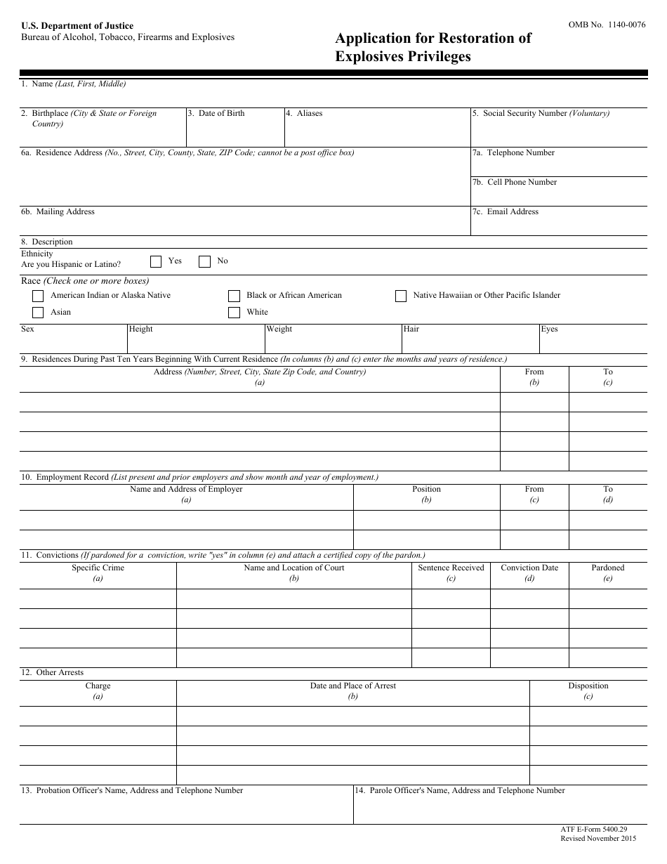 ATF Form 5400.29 Application for Restoration of Explosives Privileges, Page 1