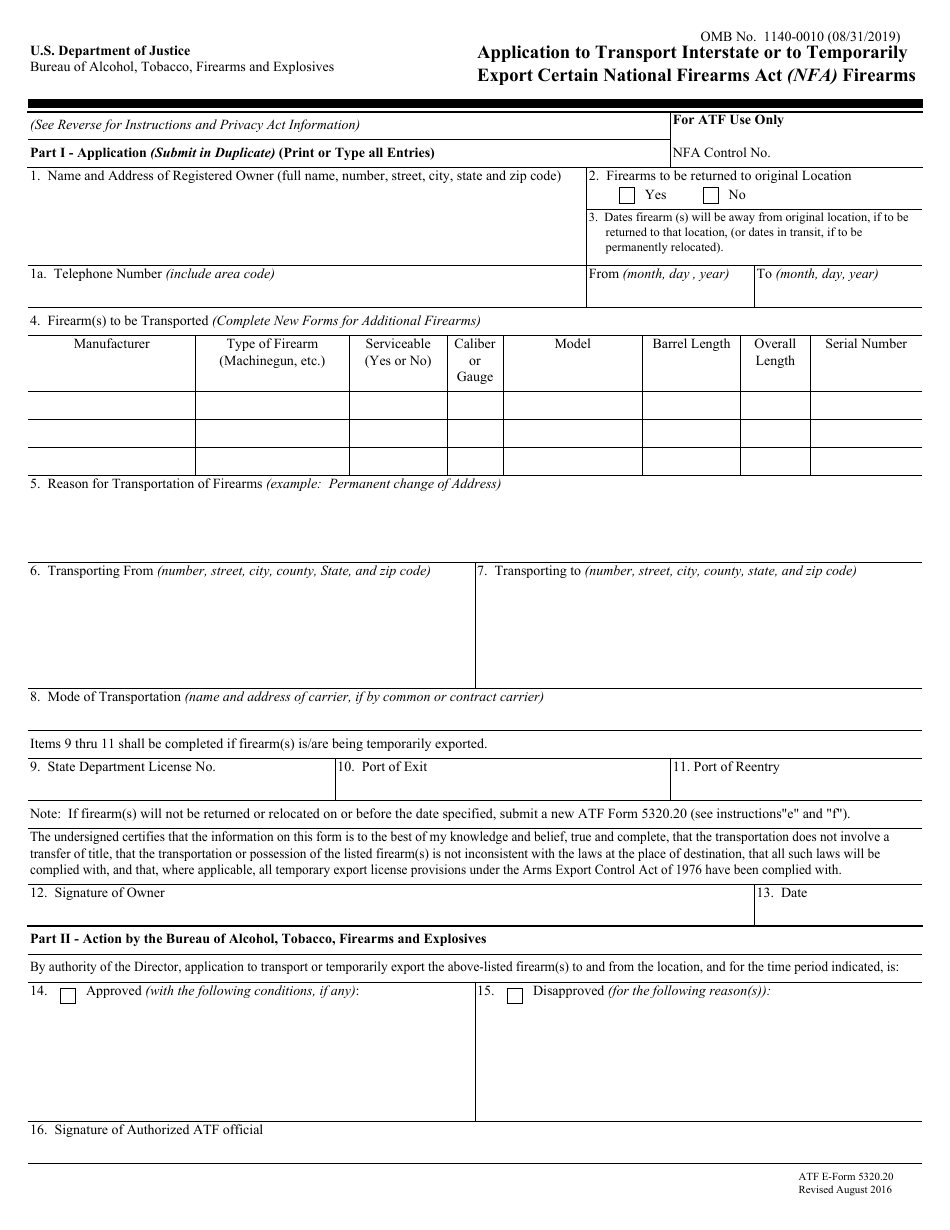 ATF Form 5320.20 Application to Transport Interstate or to Temporarily Export Certain National Firearms Act (Nfa) Firearms, Page 1