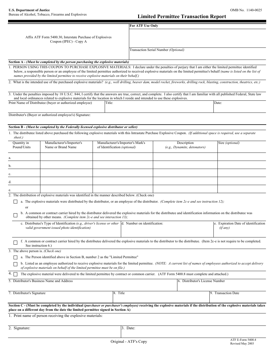 ATF Form 5400.4 Limited Permittee Transaction Report, Page 1