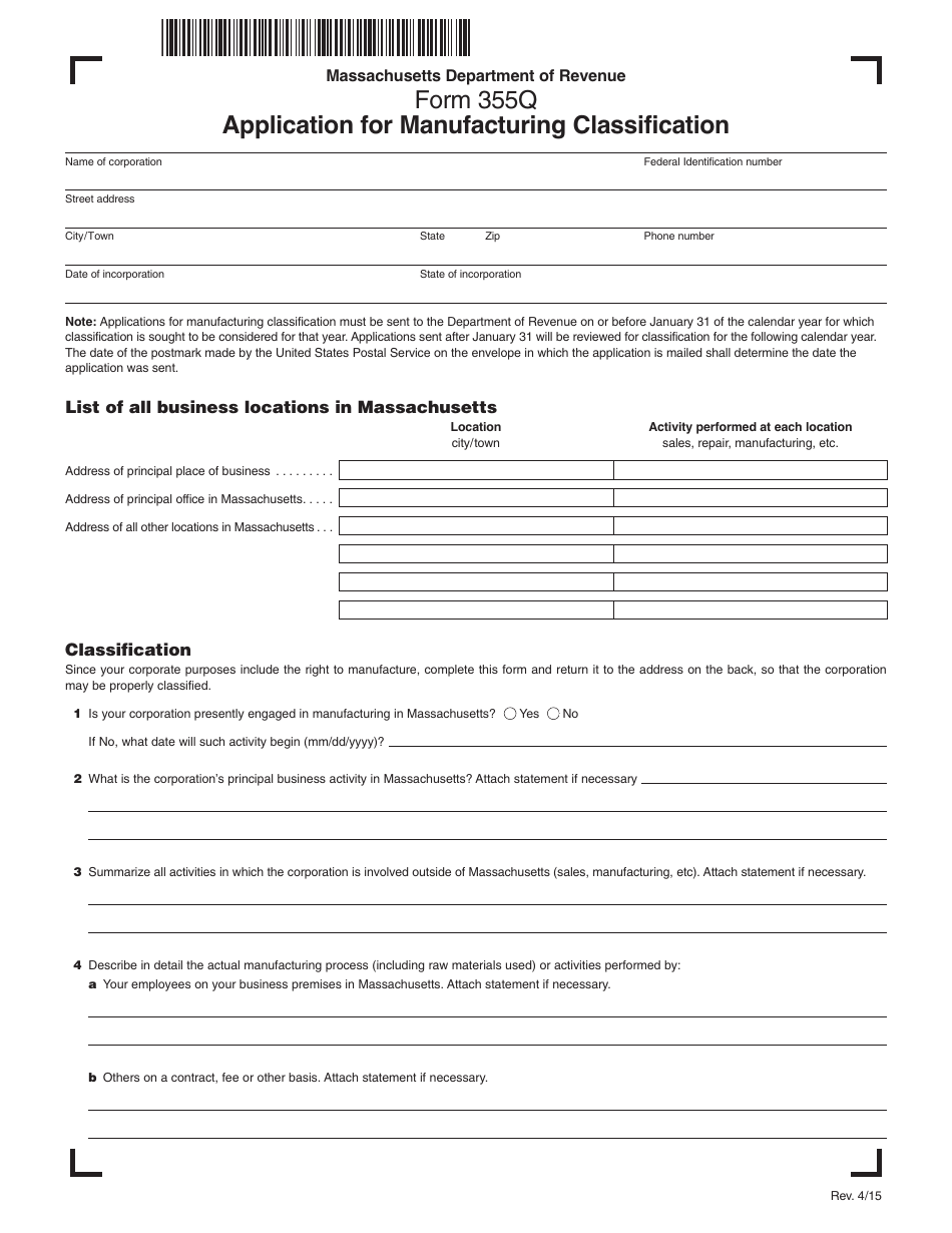 Form 355Q Application for Manufacturing Classification - Massachusetts, Page 1