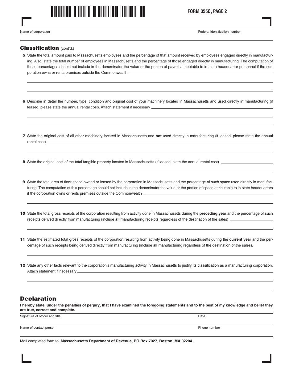 Form 355Q Application for Manufacturing Classification - Massachusetts, Page 2