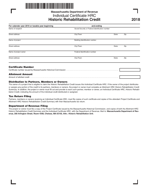 Individual Certificate Hrc - Historic Rehabilitation Credit - Massachusetts, 2018