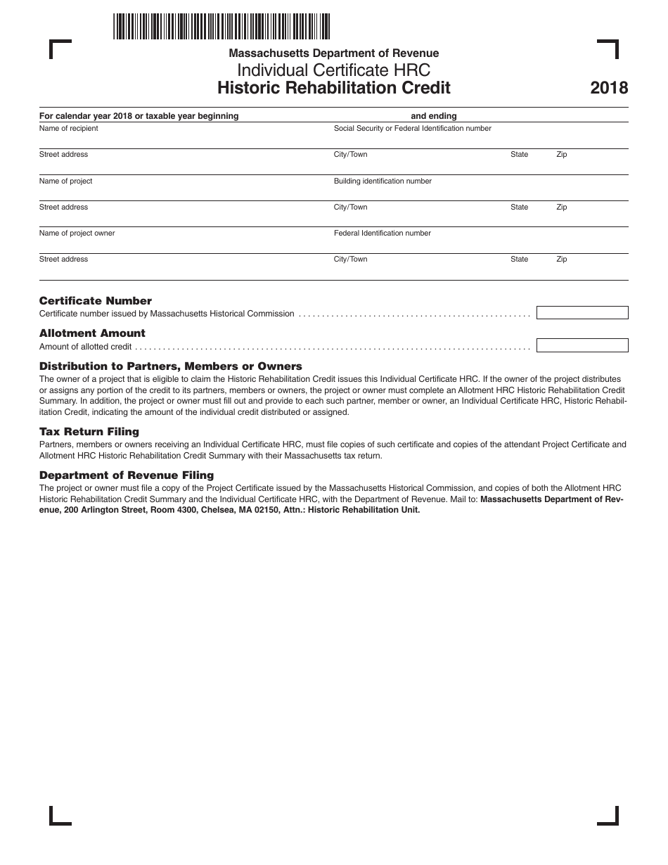 Individual Certificate Hrc - Historic Rehabilitation Credit - Massachusetts, Page 1
