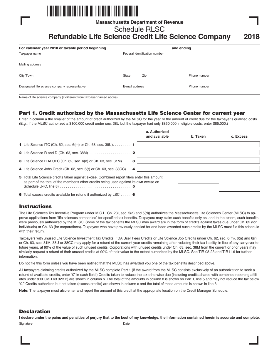 2018 Massachusetts Refundable Life Science Credit Life Science Company