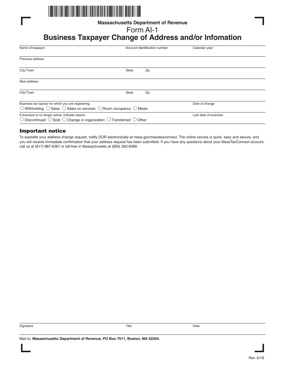 Form AI-1 Business Taxpayer Change of Address and / or Infomation - Massachusetts, Page 1
